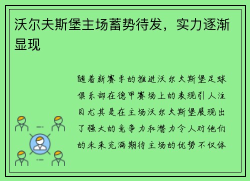 沃尔夫斯堡主场蓄势待发，实力逐渐显现
